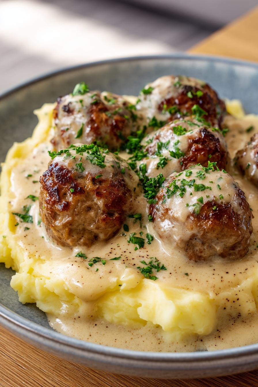 Hackbällchen in cremiger Sauce mit Kartoffelpüree - detail 1