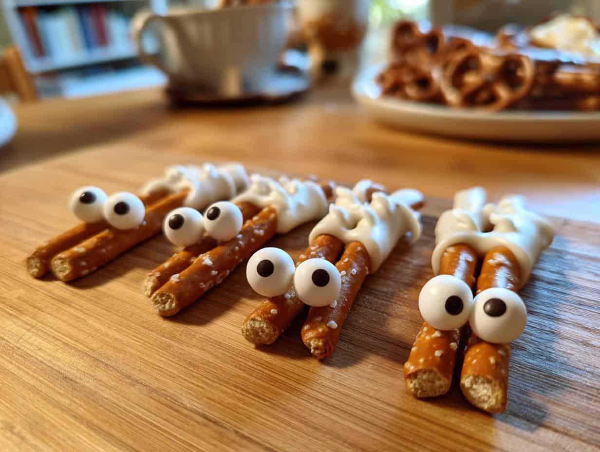 Easy & Spooky Brezelgeister Salzstangen Zuckeraugen in 20 Min