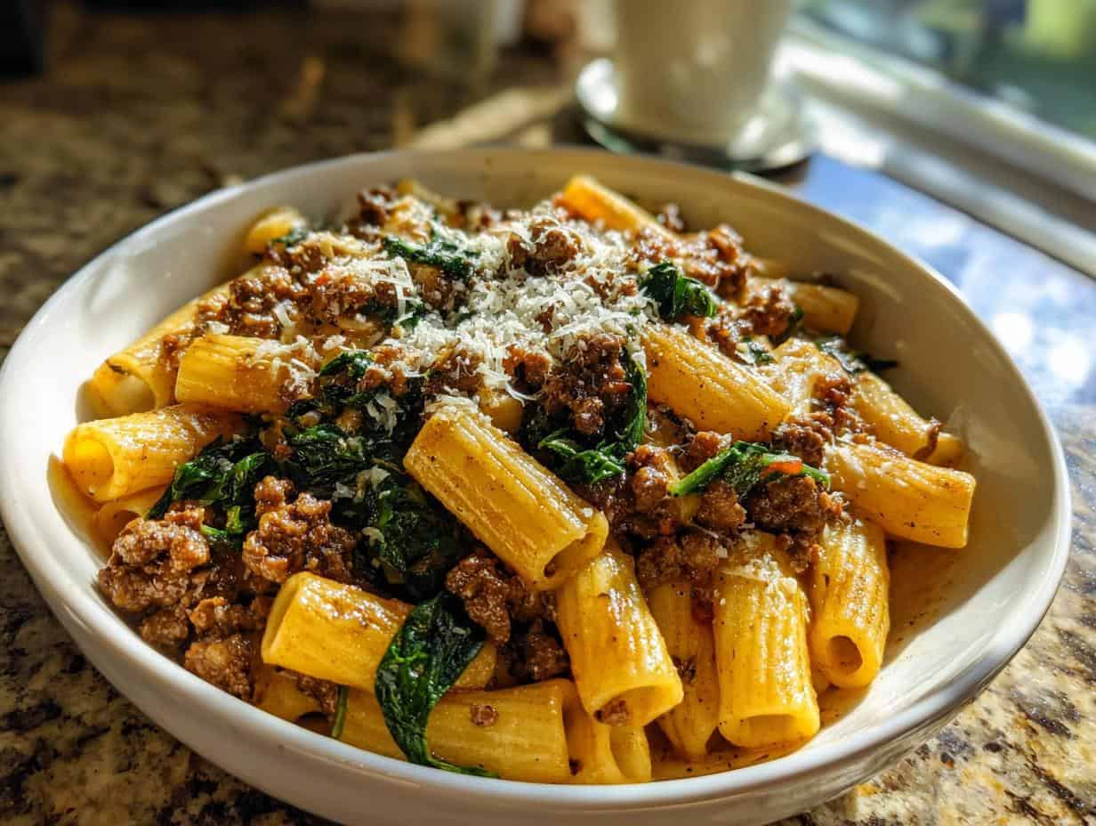 Disgustingly Good Cremige Hackfleisch-Spinat-Rigatoni in 45