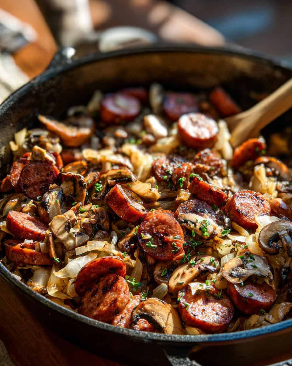 Deftige Wurst-Kraut-Pfanne mit Pilzen - detail 3