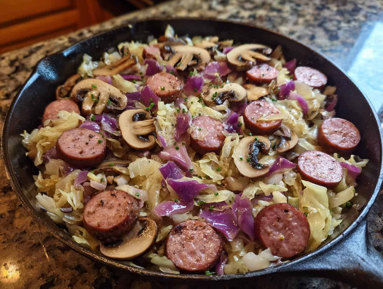 Savor Deftige Wurst-Kraut-Pfanne mit Pilzen in 45 Minutes