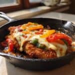 Knusprige Hähnchenschnitzel-Pfanne mit Paprika und Mozzarella