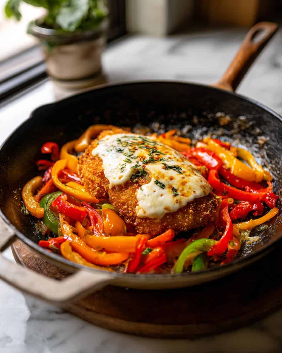 Knusprige Hähnchenschnitzel-Pfanne mit Paprika und Mozzarella - detail 2