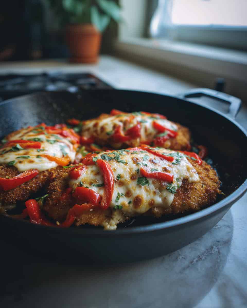 Knusprige Hähnchenschnitzel-Pfanne mit Paprika und Mozzarella - detail 3