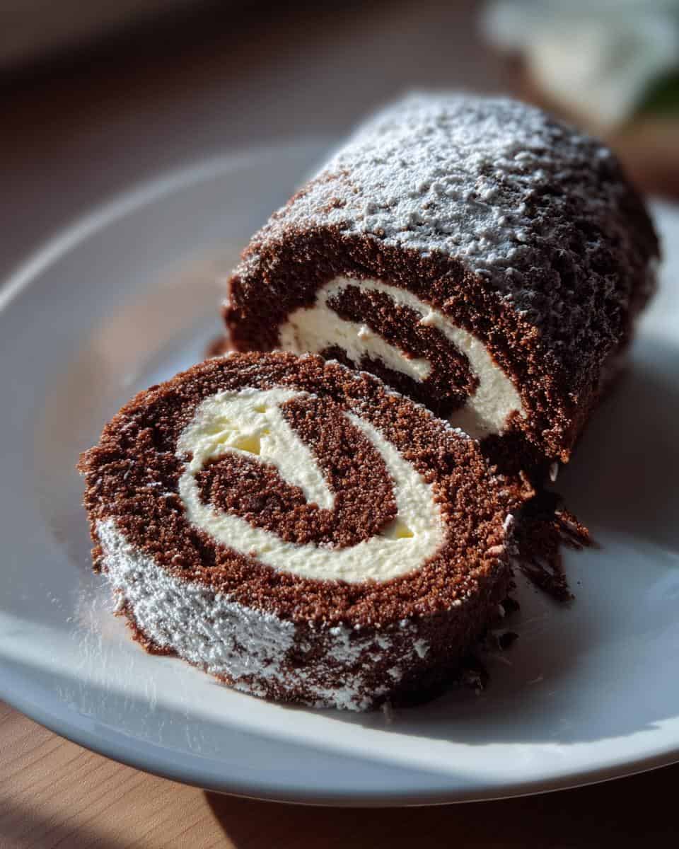 Perfekte Schokoladen-Biskuitrolle mit Doppelcreme - detail 1