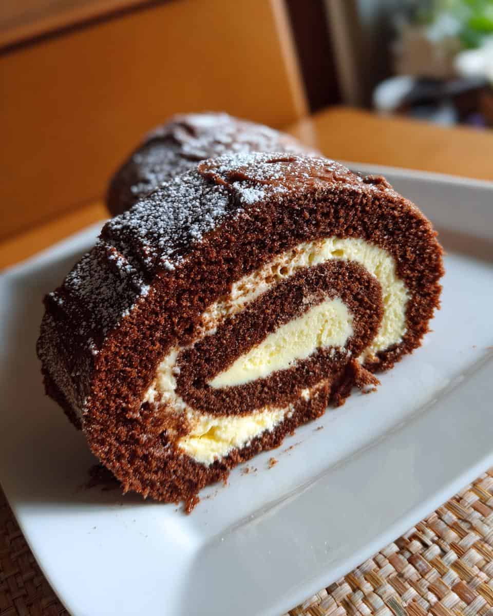 Perfekte Schokoladen-Biskuitrolle mit Doppelcreme - detail 3