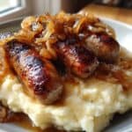 Saftige Bratwürste auf cremigem Püree mit karamellisierten Zwiebeln