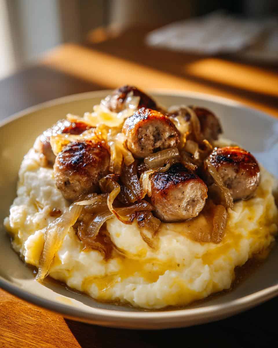 Saftige Bratwürste auf cremigem Püree mit karamellisierten Zwiebeln - detail 2
