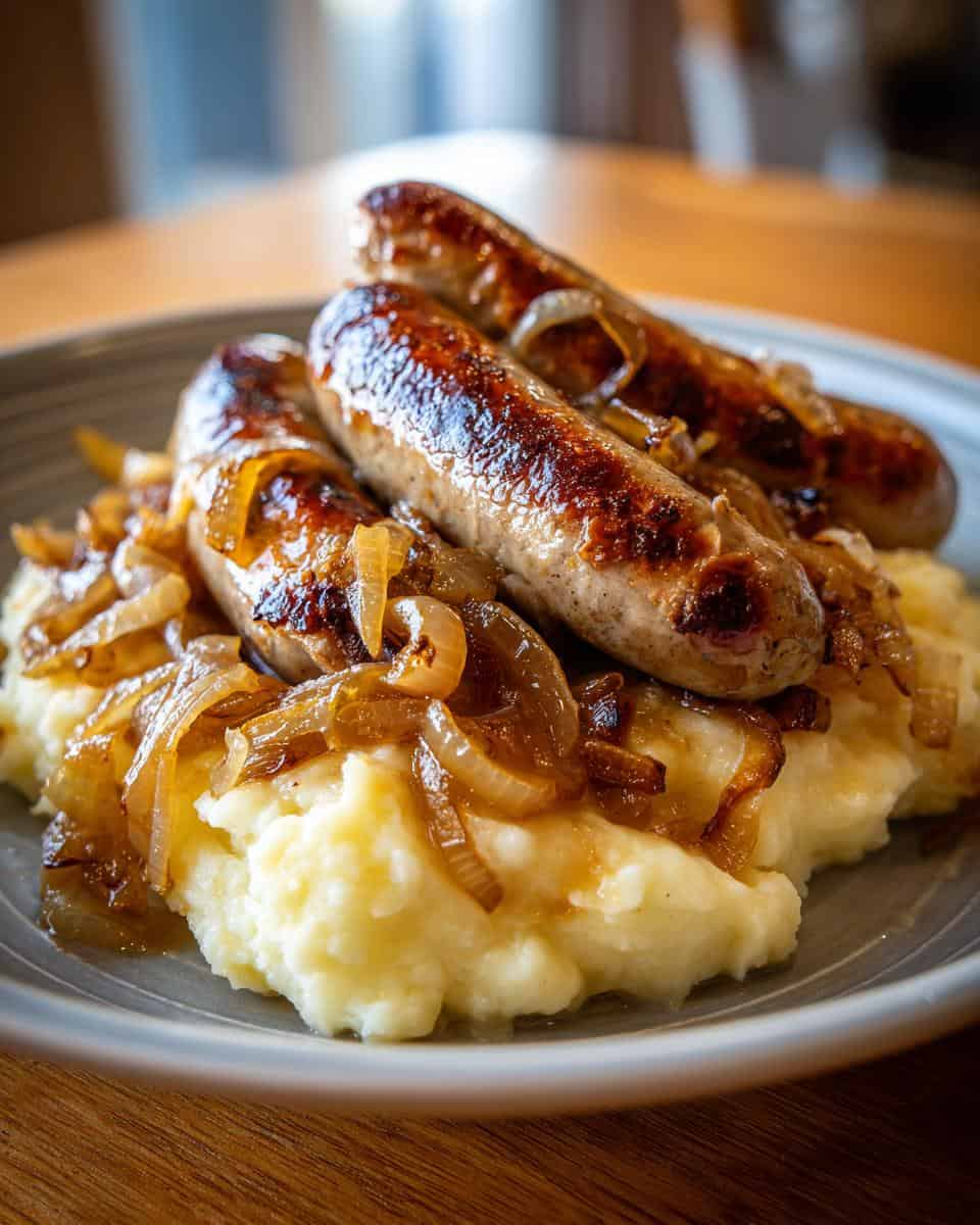 Saftige Bratwürste auf cremigem Püree mit karamellisierten Zwiebeln - detail 3