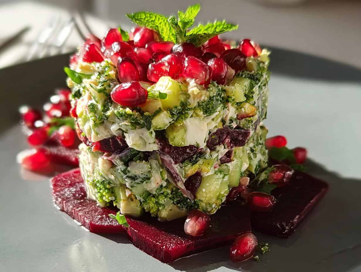 Brokkoli Tatar mit Granatapfel und Ziegenfrischkäse