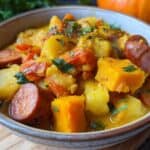 Einfaches Kürbis Kartoffel Eintopf Rezept mit Würstchen