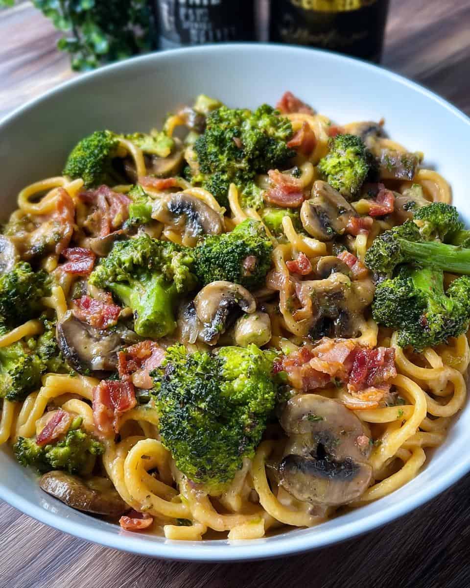 Pasta Pfanne mit Brokkoli Champignons und Speck - detail 1