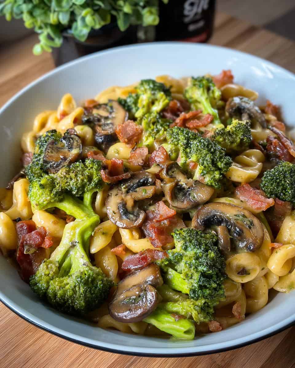 Pasta Pfanne mit Brokkoli Champignons und Speck - detail 2