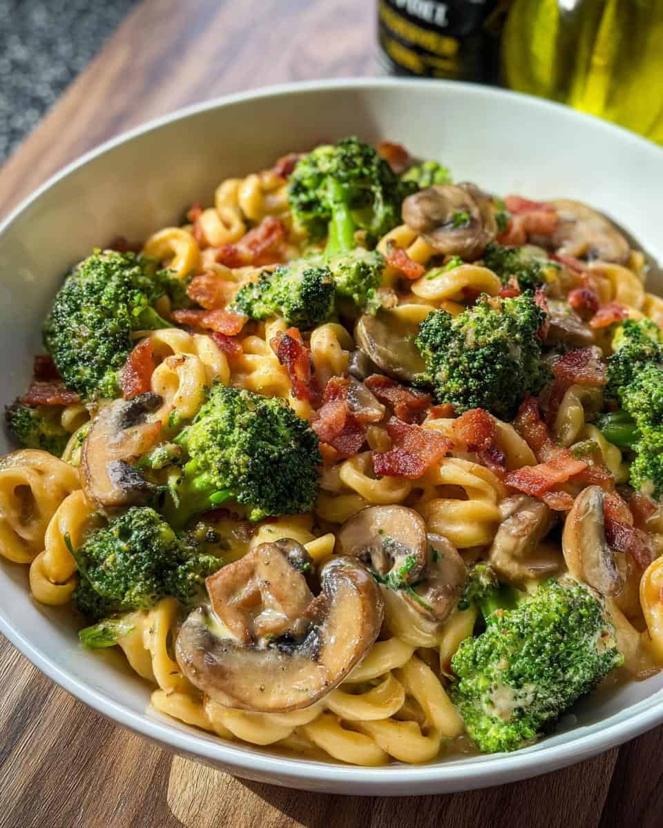 Pasta Pfanne mit Brokkoli Champignons und Speck - detail 3