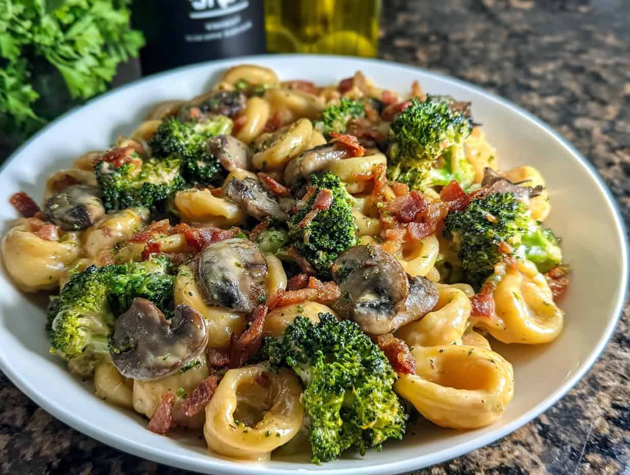 Pasta Pfanne mit Brokkoli Champignons und Speck