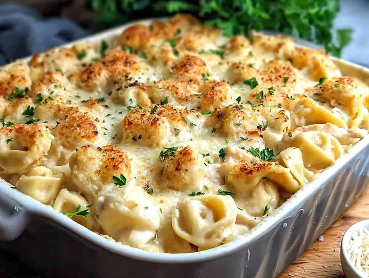 Sündiger Hähnchen Alfredo Tortellini Auflauf in 30 Min