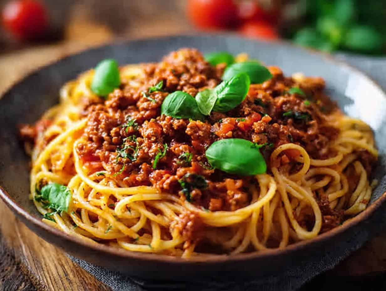 Spaghetti mit würzigem Tofu Hack: 30 Min. Glücklich